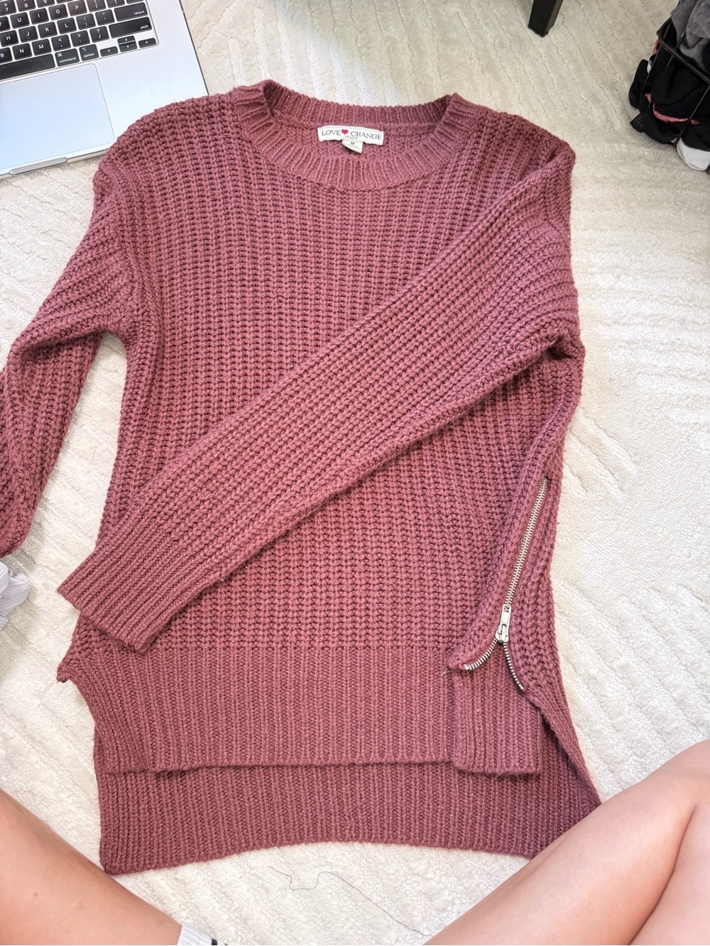 CHNGE Dusty Rose Waffle Knit Side-Zip Crewneck Sweater